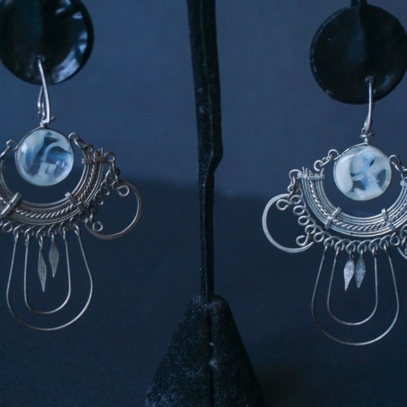 Silver Wire Moonstone Dangle Earrings 2" x 2-3/4" - Picture 4 of 8